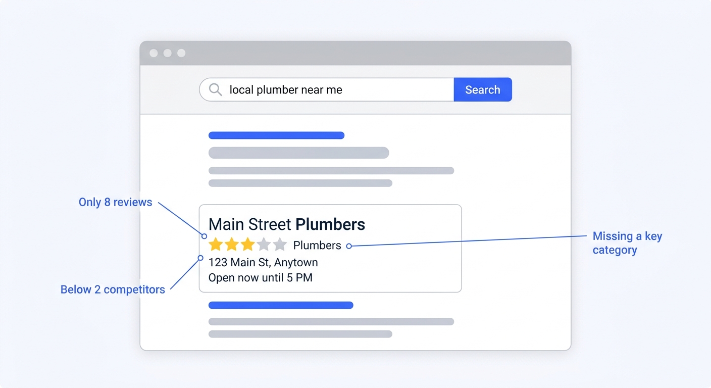Annotated Google search result for a local business, with callouts pointing out only 8 reviews, ranking below 2 competitors, and a missing service category